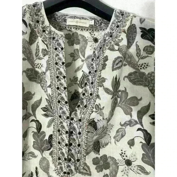 TORY BURCH Embellished Botanical Print Tunic Size 2 Floral Green Tan - Picture 6 of 9
